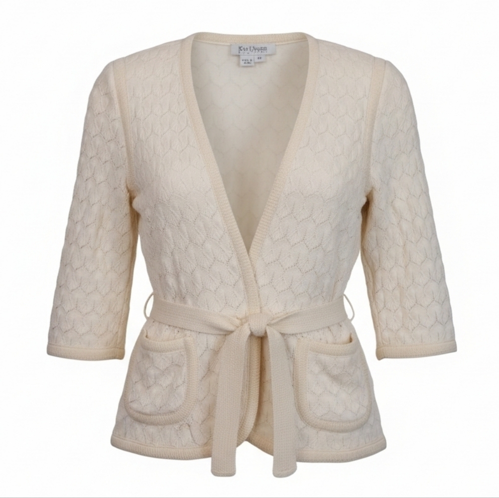 Kay Unger Belted Knit Overlay Ivory Cardigan - 12